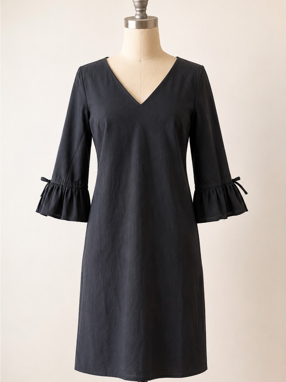 J Crew Dress Womens 0 Black Shift Ruffle Tie Bell Sleeve Midi Party Career Work